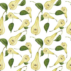Watercolor handmade pattern with realistic pears Conference and leaves. Seamless texture. Illustration for your design, background and textile. Bright colors.
