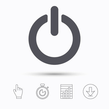 On, off power icon. Energy switch symbol. Stopwatch timer. Hand click, report chart and download arrow. Linear icons. Vector