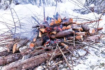 Campfire in the winter forest