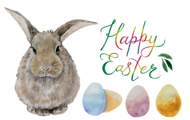 Easter rabbit with eggs. Watercolor illustration