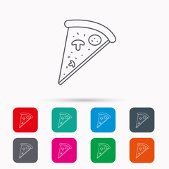 Pizza icon. Piece of Italian bake sign. Linear icons in squares on white background. Flat web symbols. Vector