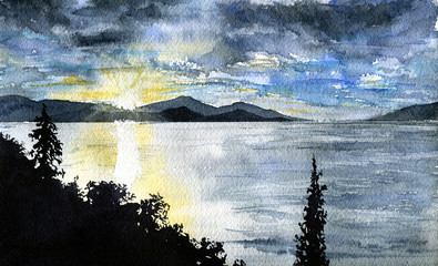 Sunrise in Greece. Watercolor illustration for background or design