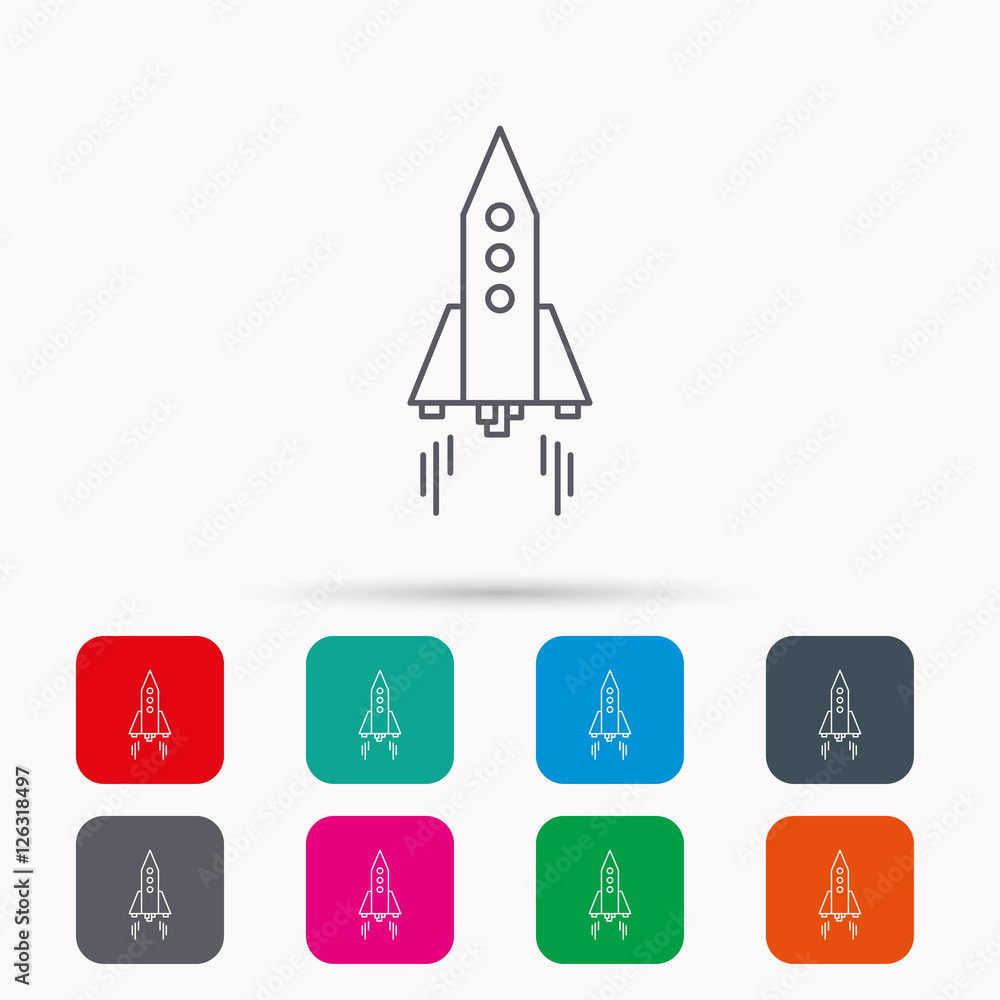 Poster rocket icon. startup business sign. spaceship shuttle symbol. linear icons in squares on white backg