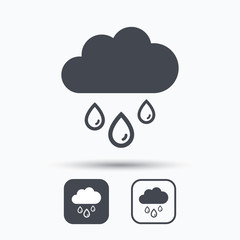 Cloud with rain drops icon. Rainy day symbol. Square buttons with flat web icon on white background. Vector