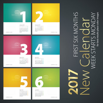 New Year wall calendar 2017 colorful first six months white color background