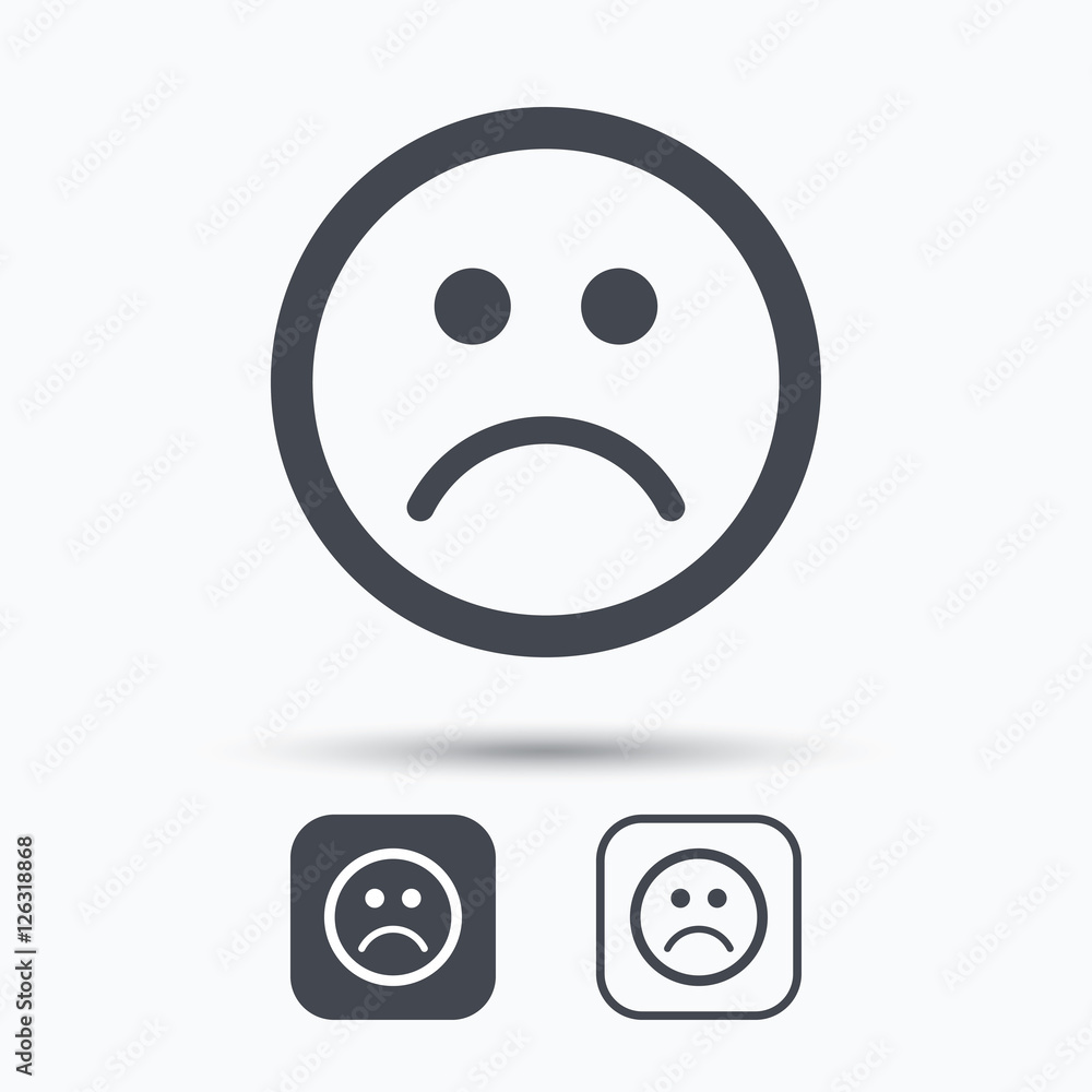 Poster sad smiley icon. bad feedback symbol. square buttons with flat web icon on white background. vector