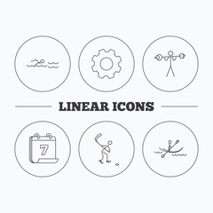 Swimming, hockey and kayaking icons. Weightlifting linear sign. Flat cogwheel and calendar symbols. Linear icons in circle buttons. Vector