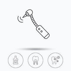 Tooth, mouthwash and dentinal tubules icons. Healthy teeth, dentinal tubules linear sign. Linear icons in circle buttons. Flat web symbols. Vector