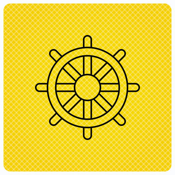 Ship steering wheel icon. Captain rudder sign. Sailing symbol. Linear icon on orange background. Vector