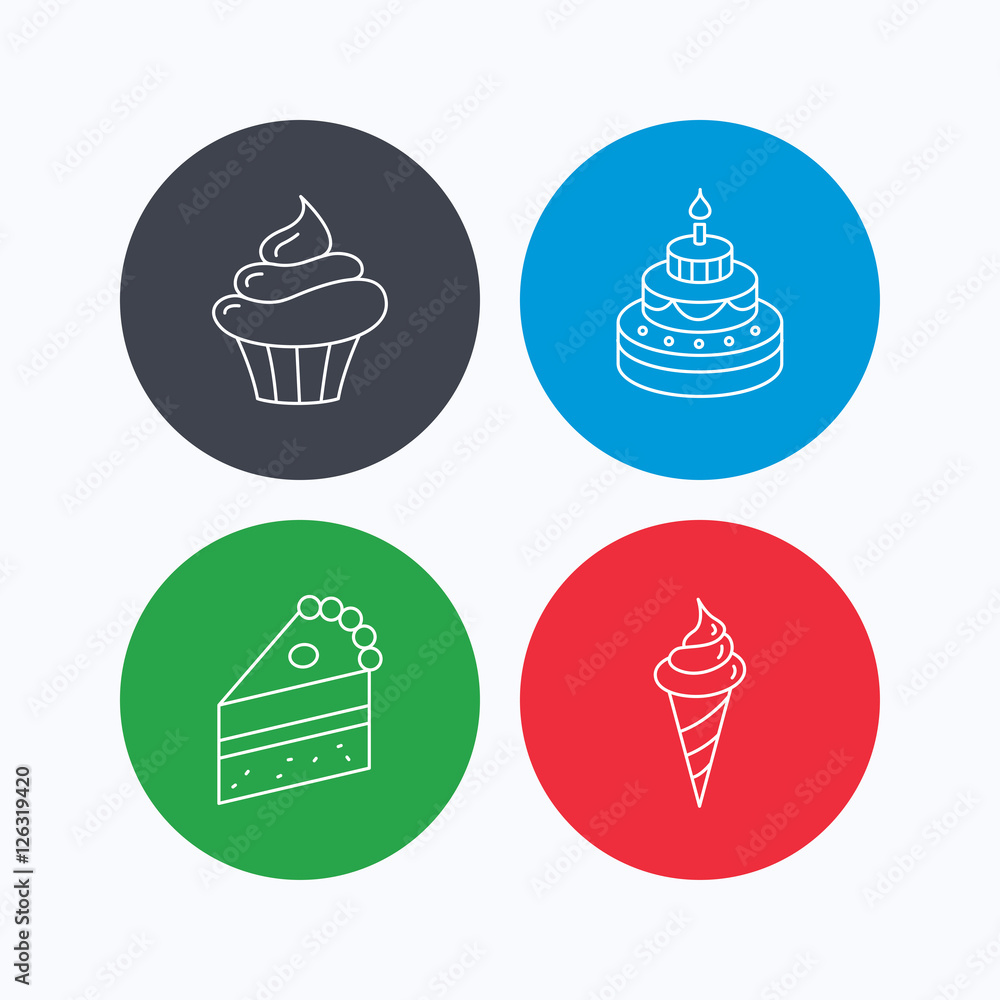 Poster cake, cupcake and ice cream icons. piece of cake linear sign. linear icons on colored buttons. flat 