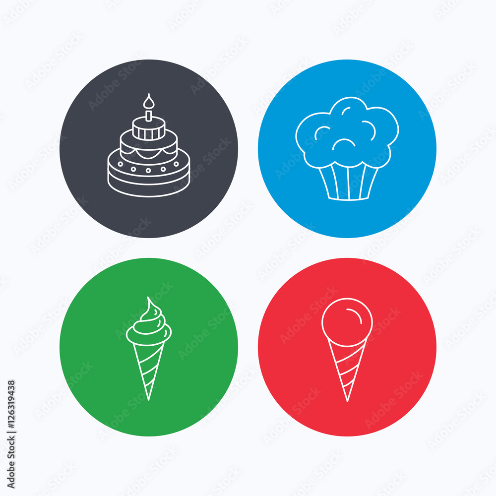 Poster cake, ice cream and muffin icons. sweets linear sign. linear icons on colored buttons. flat web symb