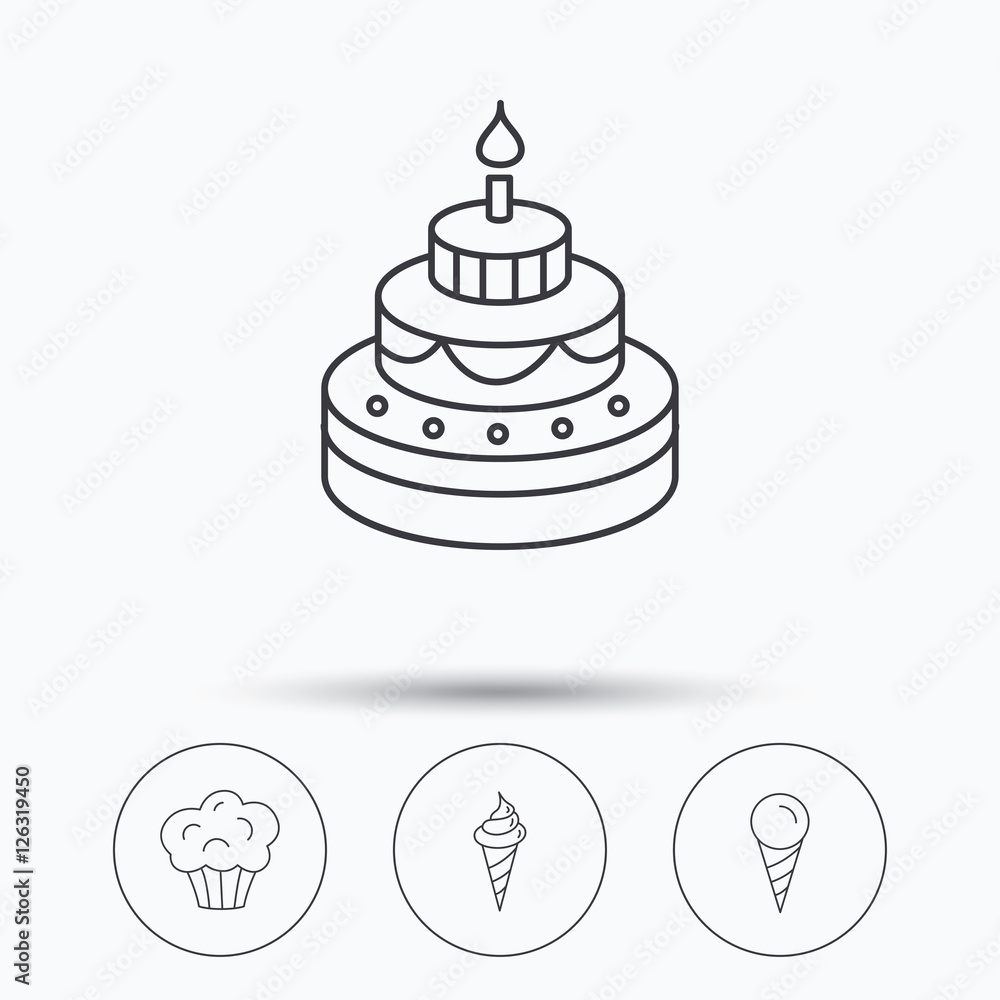 Poster cake, ice cream and muffin icons. sweets linear sign. linear icons in circle buttons. flat web symbo