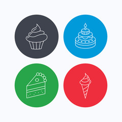 Cake, cupcake and ice cream icons. Piece of cake linear sign. Linear icons on colored buttons. Flat web symbols. Vector