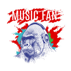 Fototapeta premium Gorilla listening to music on headphones
