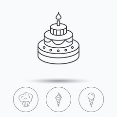 Cake, ice cream and muffin icons. Sweets linear sign. Linear icons in circle buttons. Flat web symbols. Vector