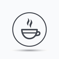 Tea cup icon. Hot coffee drink symbol. Circle button with flat web icon on white background. Vector