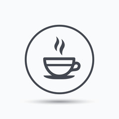 Tea cup icon. Hot coffee drink symbol. Circle button with flat web icon on white background. Vector