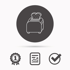 Toaster icon. Sandwich machine sign. Report document, winner award and tick. Round circle button with icon. Vector