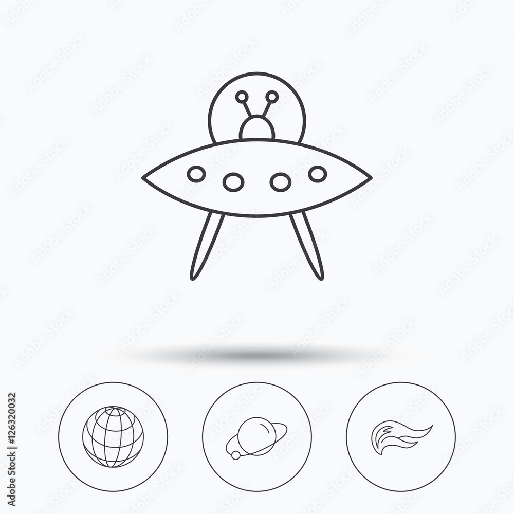 Poster ufo, planet and fire flame icons. globe linear sign. linear icons in circle buttons. flat web symbol