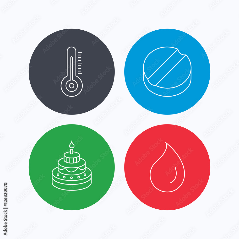 Poster thermometer, water drop and tablet icons. birthday cake linear sign. linear icons on colored buttons