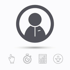 User icon. Human person symbol. Stopwatch timer. Hand click, report chart and download arrow. Linear icons. Vector