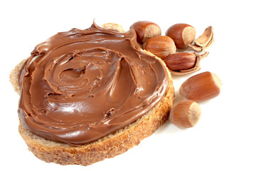 Bread with sweet chocolate hazelnut spread isolated on white background
