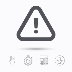 Warning icon. Attention exclamation mark symbol. Stopwatch timer. Hand click, report chart and download arrow. Linear icons. Vector