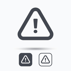 Warning icon. Attention exclamation mark symbol. Square buttons with flat web icon on white background. Vector