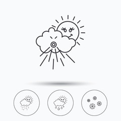 Snowflakes, sun and rain icons. Wind linear sign. Linear icons in circle buttons. Flat web symbols. Vector