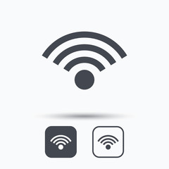 Wifi icon. Wireless internet sign. Communication technology symbol. Square buttons with flat web icon on white background. Vector