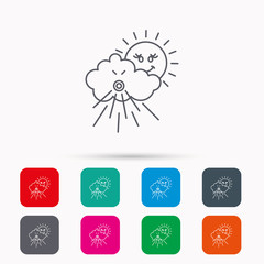 Wind icon. Cloud with sun and storm sign. Strong wind or tempest symbol. Linear icons in squares on white background. Flat web symbols. Vector