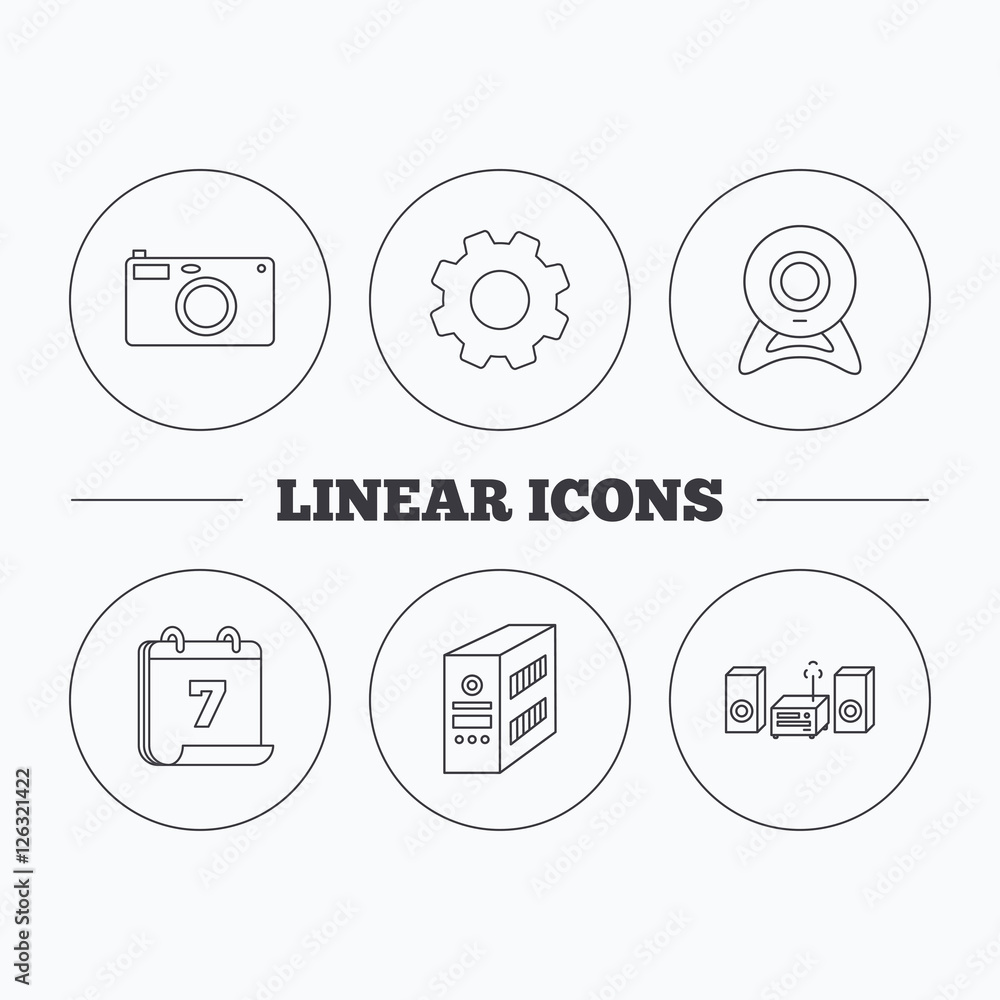 Poster photo camera, pc case and music center icons. web camera linear sign. flat cogwheel and calendar sym