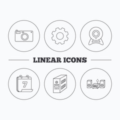 Photo camera, pc case and music center icons. Web camera linear sign. Flat cogwheel and calendar symbols. Linear icons in circle buttons. Vector