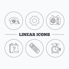 Retro phone, radio and TV remote icons. Alarm clock linear sign. Flat cogwheel and calendar symbols. Linear icons in circle buttons. Vector