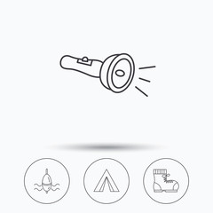 Flashlight, fishing float and hiking boots. Camping tent linear sign. Linear icons in circle buttons. Flat web symbols. Vector