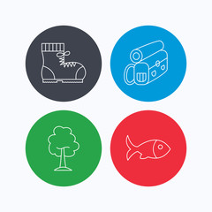 Maple tree, fish and hiking boots. Backpack linear sign. Linear icons on colored buttons. Flat web symbols. Vector