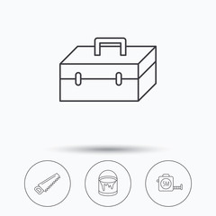 Saw, bucket of paint and tape measure icons. Toolbox linear sign. Linear icons in circle buttons. Flat web symbols. Vector