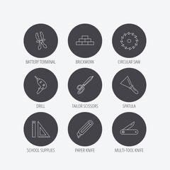 Paper knife, spatula and scissors icons. Circular saw, brickwork and drill tool linear signs. Multi-tool knife, rulers icons. Linear icons in circle buttons. Flat web symbols. Vector