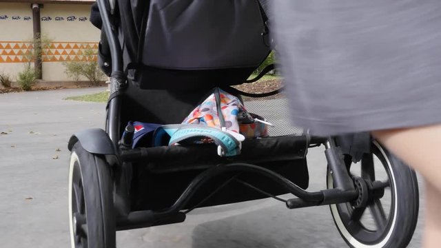 Mother pushing stroller gimbal shot