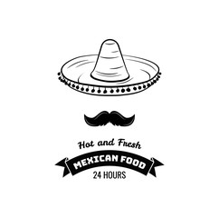 Sombrero and Mustache Label. Mexico Food. Traditional Mexican Cuisine Vector sign for the restaurant.