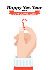 Christmas card with Santa's hand holding candy cane. Flat design