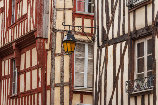 Lantern on the facade of the half-timbered house in Dinan, Franc