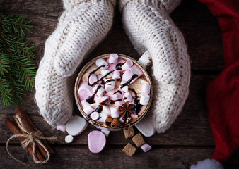 Woman in mittens holding a cup of hot chocolate with marshmallow