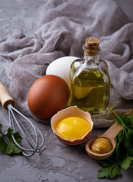 Ingredient for cooking  mayonnaise:  olive oil, eggs, mustard, l