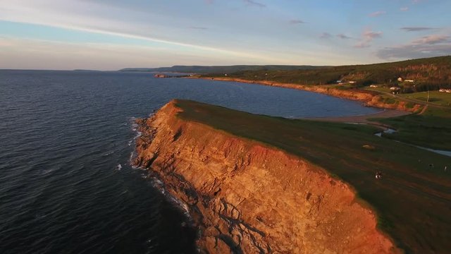 Aerial shot people on beautiful coastline at Cape Breton Island