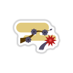 Vector illustration of Chinese new year celebration in paper sticker style tree blossoming branch and fireworks