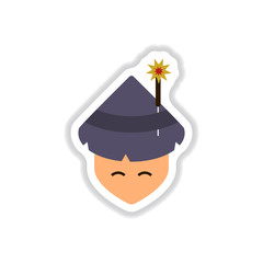 Vector illustration of Chinese new year celebration in paper sticker style Chinese man in traditional conical hat with sparkler