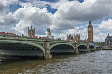 LONDON, ENGLAND - JUNE 15 2016: Clouds over Westminster Bridge and Big Ben, London, England, United Kingdom