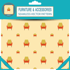Vector seamless pattern with different chairs on the light yellow background in the package with shadow.
