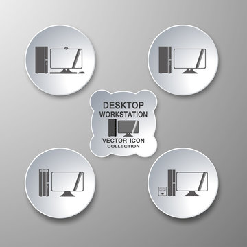 Vector collection of desktop workstation icons in gray and white with shadows on gradient background.